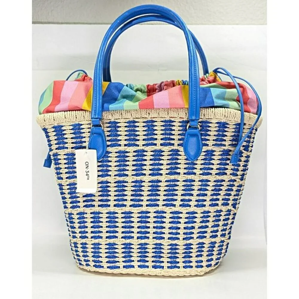 On 34th Isabellaa Women's Straw Medium Drawstring Tote Blue Stripe (MSRP $130)